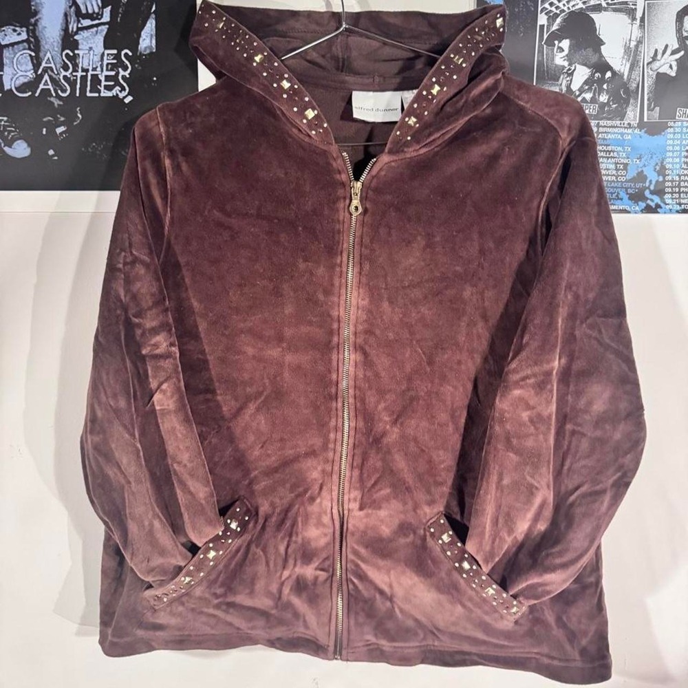 Alfred dunner Brown y2k velvet zip up jacket with bronze studded details